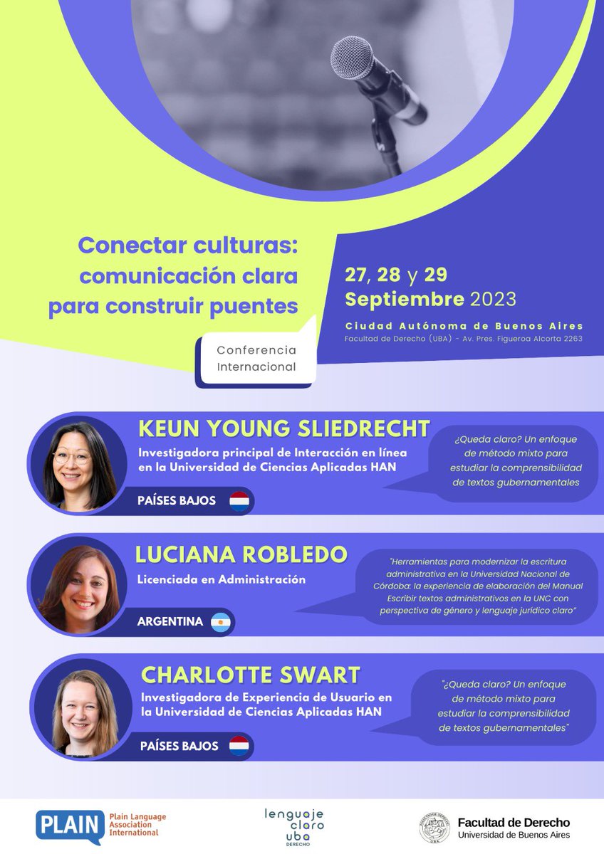 🥁Más novedades sobre quiénes expondrán en la 🏛️conferencia #Plain2023 #LenguajeClaro 

Que orgullo la calidad de profesionales que nos acompañarán

🗓️Hoy es el turno de: 

Keun Young Sliedrecht
Luciana Robledo 
Charlotte Swart

✍️➕ℹ️ acortar.link/5cH69N