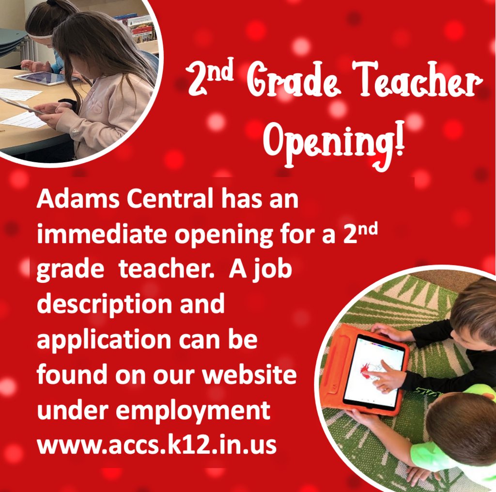 Adams Central has an immediate opening for a 2nd grade teacher.  For more information or to apply, visit our website at accs.k12.in.us/page/employment  Please help us spread the word by telling others and sharing this post!  #AdamsCentral #ACJets