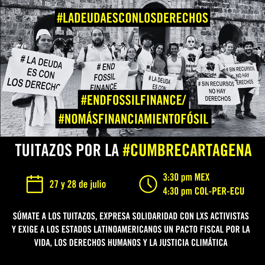 AmnistiaOnline's tweet image. Hoy comenzó la #CumbreCartagena y activistas de @DeudaxClima, @Fridays4future y @ExtinctionR se movilizarán por un #PactoFiscalLAC basado en los #ddhh y la #justiciaclimática✊🏽 

¡Únete a ellos virtualmente! 
#LaDeudaEsConLosDerechos 
#EndFossilFinance
👉🏽 amn.st/6017PXMiR