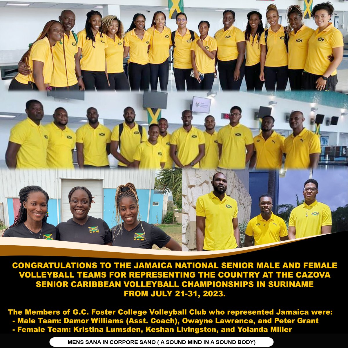 GCFOSTERCOLLEGE's tweet photo. Congratulations to Jamaica National Senior Volleyball Team for representing the country at the 2023 Cazova Senior Caribbean championships, Suriname.
G.C.F Club members: Damor Williams (Ast. Coach), Owayne Lawrence, Peter Grant, Kristina Lumsden, Keshan Livingston &amp; Yolanda Miller https://t.co/EFcN1F5ROR