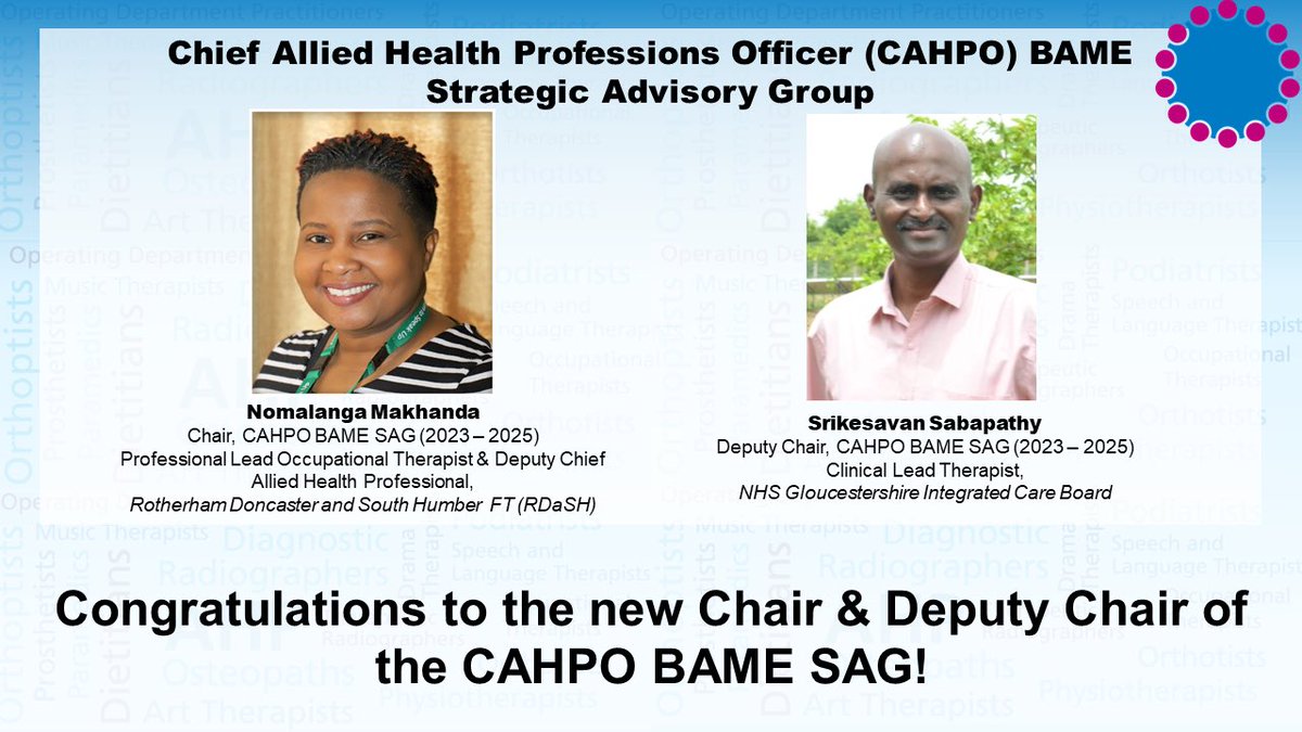 SuzanneRastrick's tweet photo. I’m delighted to announce the new Chair &amp; Deputy Chair of the @NHSEngland #CAHPO BAME SAG (2023-2025)

⭐️Nomalanga Makhanda (Chair) &amp; Srikesavan Sabapathy (Deputy Chair) 

⭐️I am looking forward to working with @NomaMakha &amp; @Srikesavan

My sincere congratulations to you both 🎉 https://t.co/6HOpanPXbD