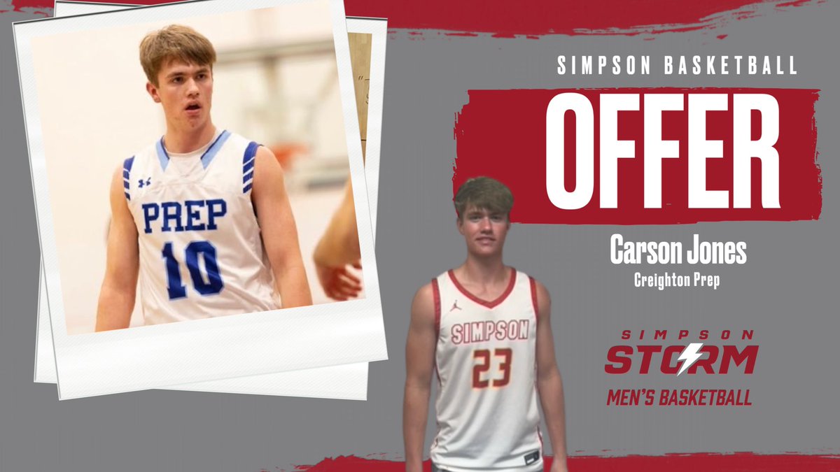 Carson Jones (@carsonmj15) on Twitter photo Excited to announce I have received an offer to play basketball at Simpson College! <a href="/SCStorm_MBB/">Simpson Men's Basketball</a> <a href="/BrandonStromer/">Brandon Stromer</a> <a href="/coachbbjork/">Brad Bjorkgren</a>
<a href="/JrJayBasketball/">Jr. Jay Basketball</a> <a href="/travis_jeremy/">Jeremy Travis</a> <a href="/OSACrusaders/">OSA Crusaders</a> Excited to announce I have received an offer to play basketball at Simpson College! <a href="/SCStorm_MBB/">Simpson Men's Basketball</a> <a href="/BrandonStromer/">Brandon Stromer</a> <a href="/coachbbjork/">Brad Bjorkgren</a>
<a href="/JrJayBasketball/">Jr. Jay Basketball</a> <a href="/travis_jeremy/">Jeremy Travis</a> <a href="/OSACrusaders/">OSA Crusaders</a>