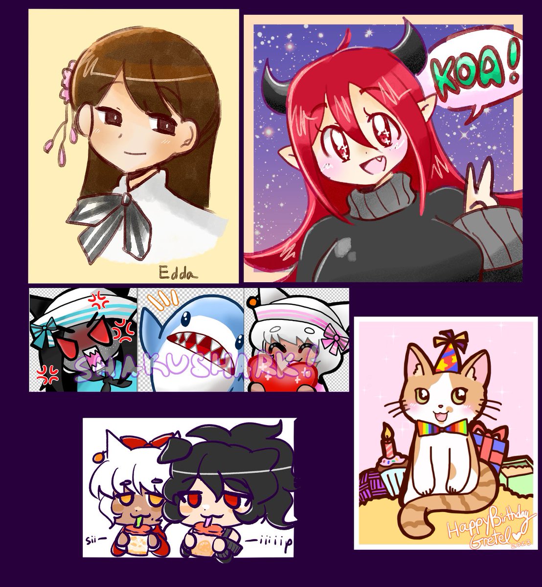 shisuipan's tweet photo. 1.) late entry to #pARTyXIV !
2.) raffle sketch prize for @leshitprince !
3.) emotes for the shakushark discodo!
4.) rumi and a friend takin' a boba sip!
5.) bday cm ! https://t.co/f3omhQlH3q