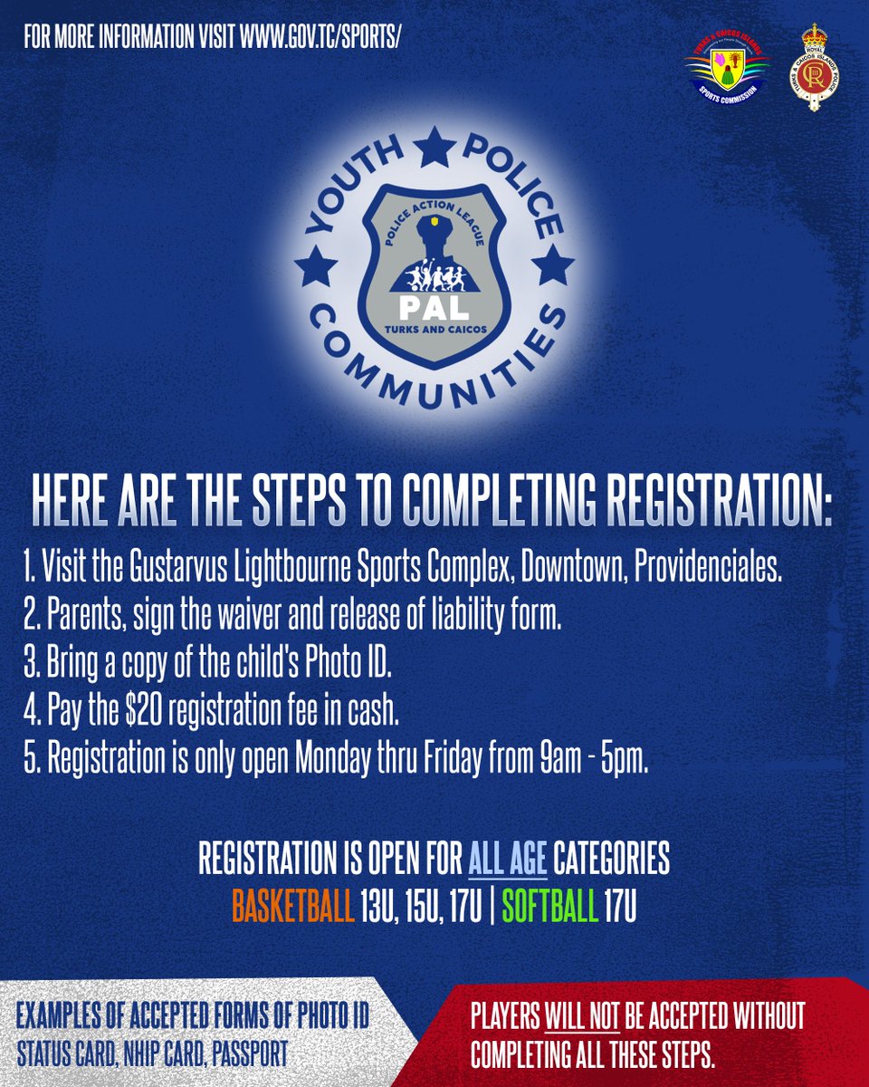 Good news players! 📰

Registration is still open for the #PALeague ONLY from Monday to Friday at the Gustarvus Lightbourne Sports Complex from 9am - 5pm.
Registration fee: $20 | Photo ID is required | Parents must sign the waiver.

#Basketball #Softball #turksandcaicos