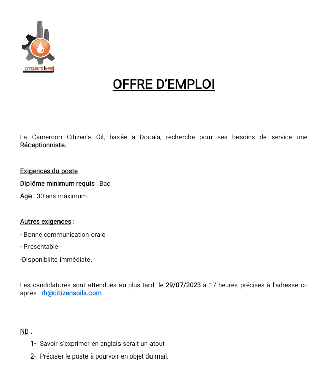 LoumaJobs's tweet photo. Citizen's Oil recrute :
👉 01 Comptable,
👉 01 Commercial,
👉 01 Réceptionniste.

Lieu : Douala
Délai : 31/07/2023

Like et retweet pour partager l'information avec ton réseau 😉 https://t.co/3RxiM8dadw