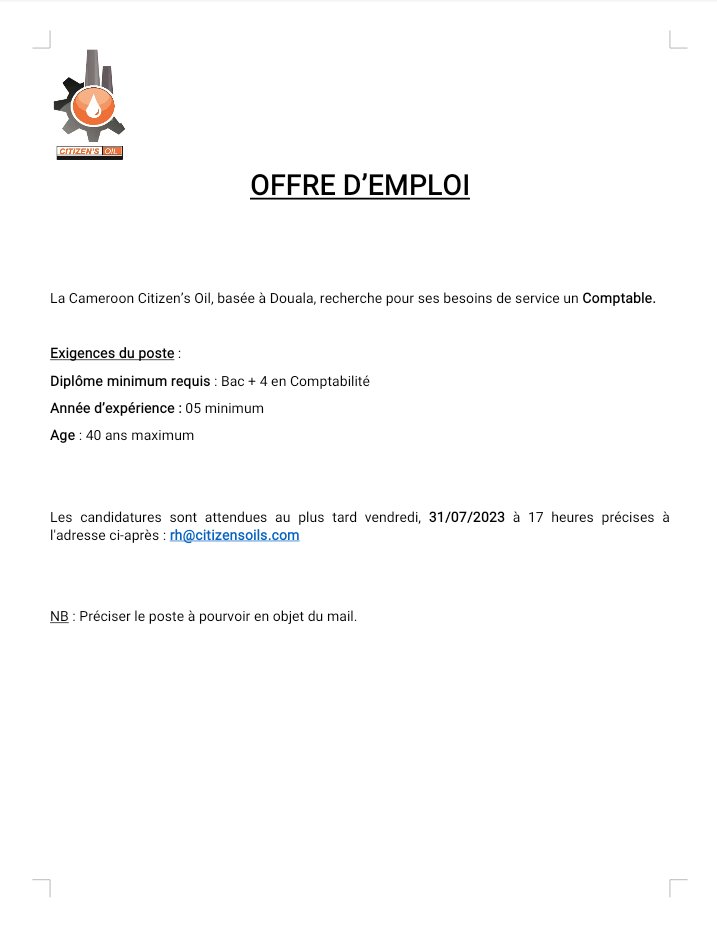 LoumaJobs's tweet photo. Citizen's Oil recrute :
👉 01 Comptable,
👉 01 Commercial,
👉 01 Réceptionniste.

Lieu : Douala
Délai : 31/07/2023

Like et retweet pour partager l'information avec ton réseau 😉 https://t.co/3RxiM8dadw