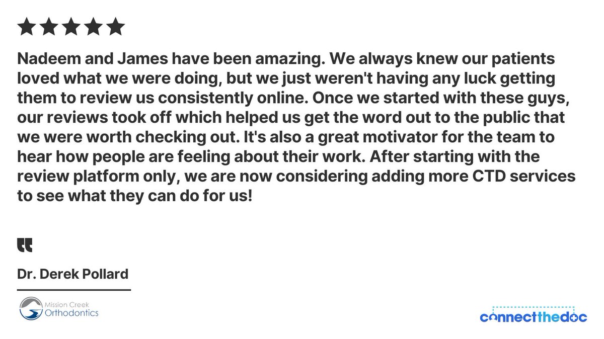 connectthedoc's tweet photo. We're thrilled to share this glowing review from one of our valued clients! 😄🌟 

At Connect the Doc, we're committed to helping dental practices thrive with our cutting-edge solutions.

#ClientTestimonial #DentalSuccessStory #HappyClients https://t.co/iMefK2zWck