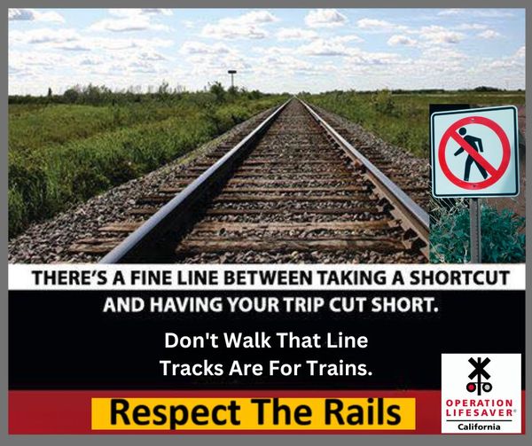 CitySanLeandro's tweet photo. Important message from @CAOpLifeSaver: Never walk on railroad tracks. It is dangerous and illegal. It is not worth risking your life. #StayOff #StayAway #StaySafe #FindASaferPath Help save lives, share the message. #SaveLivesTell5 https://t.co/VlUTJTu5WK