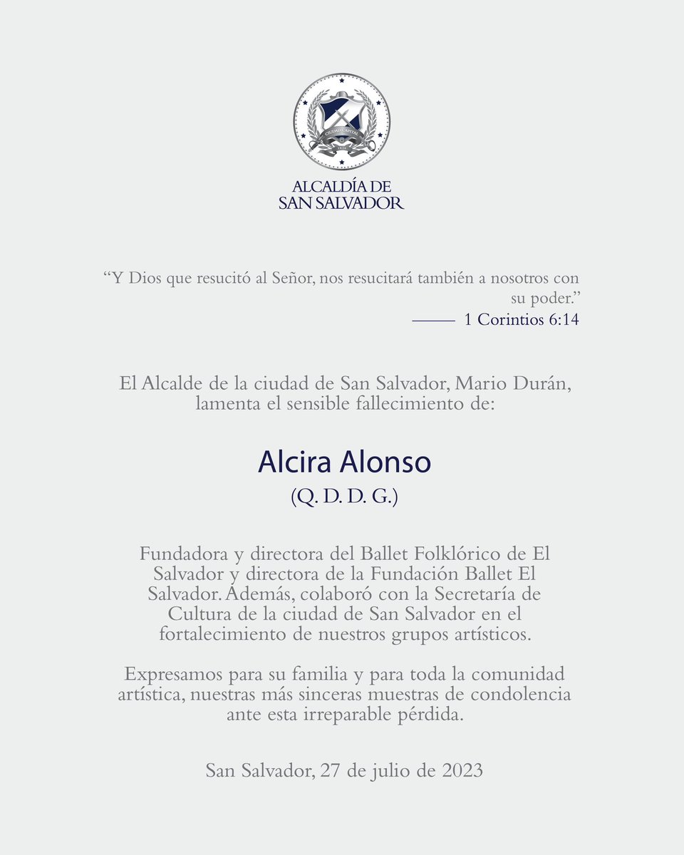 alcaldia_ss's tweet photo. El Alcalde de la ciudad de San Salvador, @marioduran, lamenta el sensible fallecimiento de Alcira Alonso, cuyo legado vivirá por siempre en la historia de la danza de El Salvador. https://t.co/wtbCyv2GiR