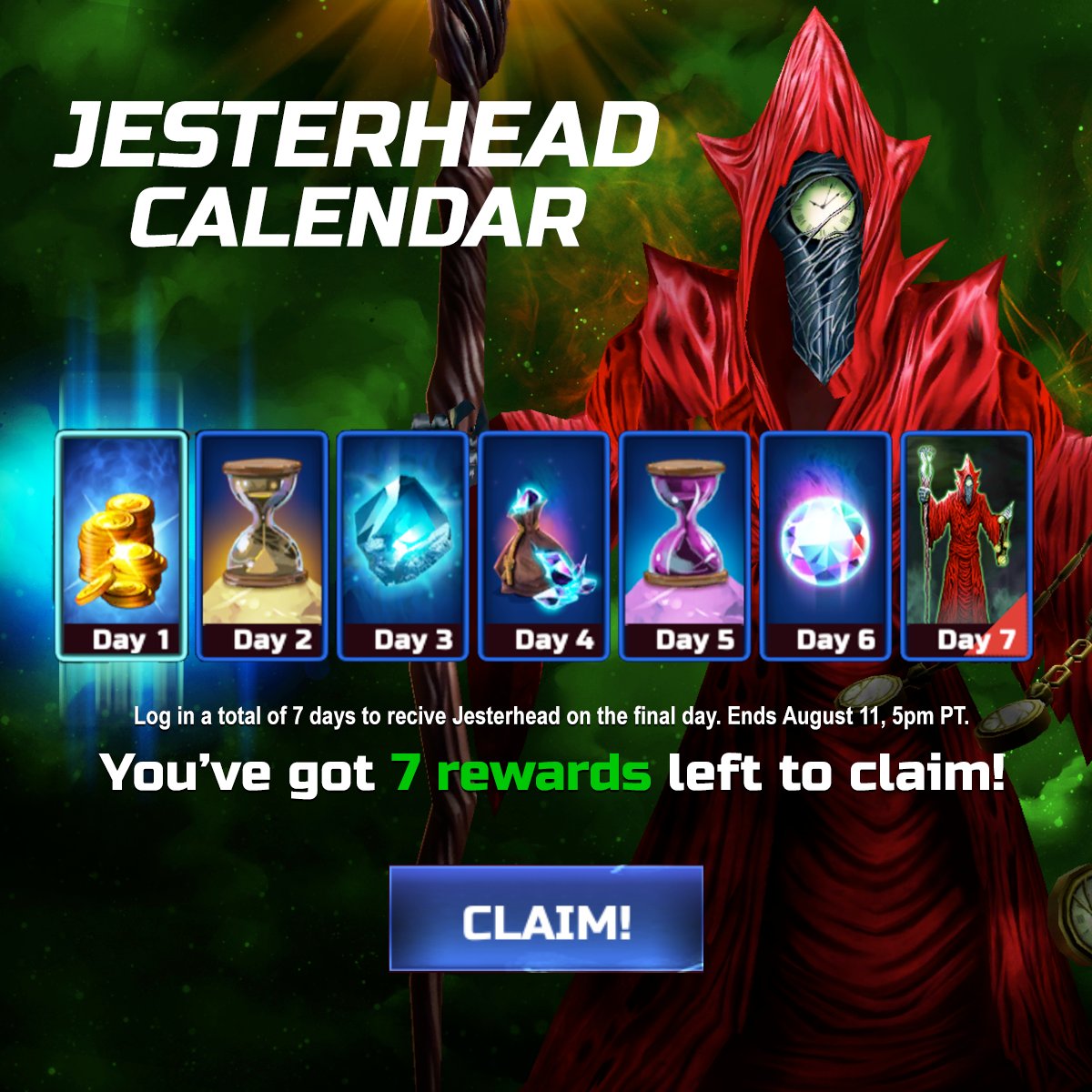 ironmaidenlotb's tweet photo. Even though our @InFlames_SWE dungeon event is over, you still have time to get #Jesterhead! Log in any 7 days until August 11th to earn awesome rewards and Jesterhead himself! What are you waiting for?
📌https://t.co/O6IuLfi2MV
#FreeCharacterUnlock #InFlamesCollaboration https://t.co/31249jNTpP