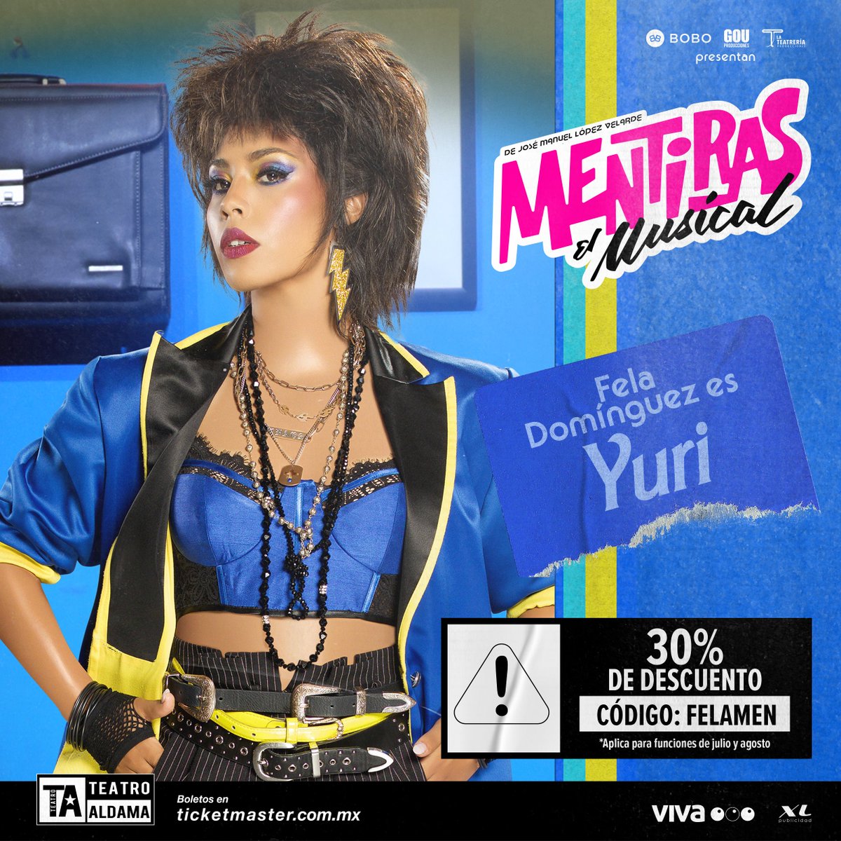 Oficialmentiras's tweet photo. ⚡ Es la última oportunidad para ver a @dominguezfela en #MentirasElMusical ¡No faltes este 4 de agosto a las 8:00 pm!

Boletos a la venta aquí: https://t.co/BlS1pJF0DO y si ocupas el código FELAMEN obtienes un 30% de descuento. https://t.co/a2k8SqXouj