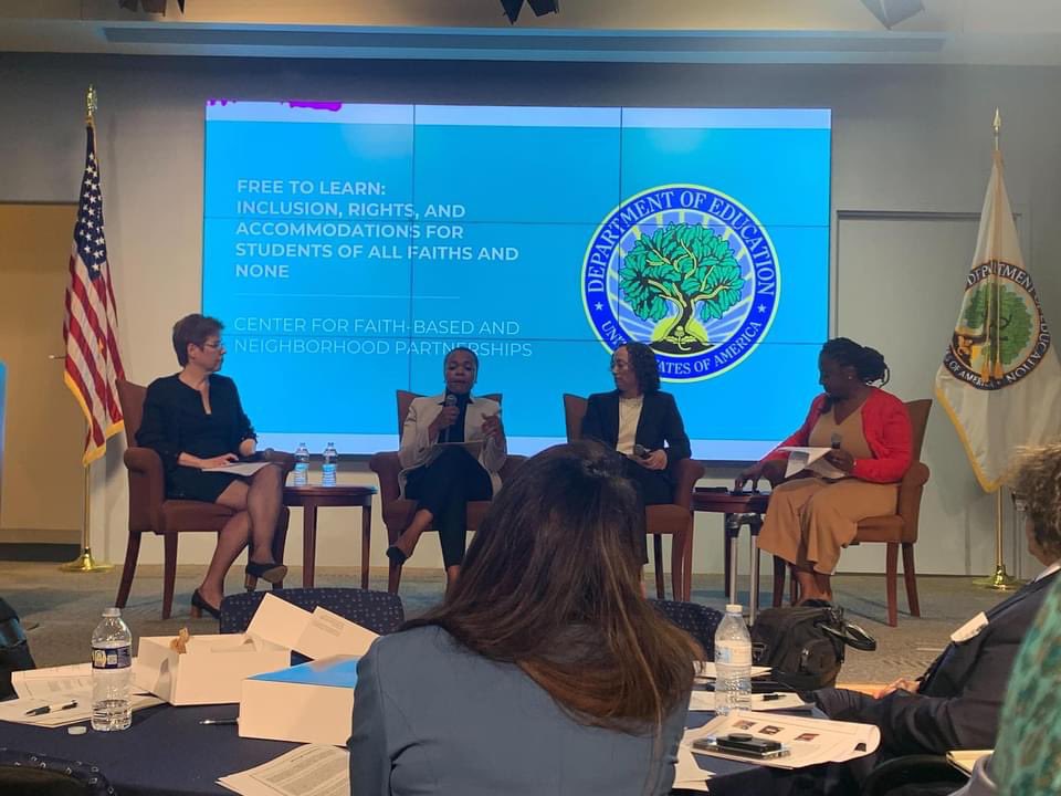 usccrcc's tweet photo. #AMCLI director @soraya_aydin was honored to represent CRCC at a @usdoegov event with #AMCLI fellow @MaggieM_S, director of @HHSGov Center For Faith-based and Neighborhood Partnerships, AMCLI fellow @JenanMohajir from @interfaithusa, & Dr. Sara H. Deen of the Palos Verdes USD. https://t.co/ApoZhX9TzA
