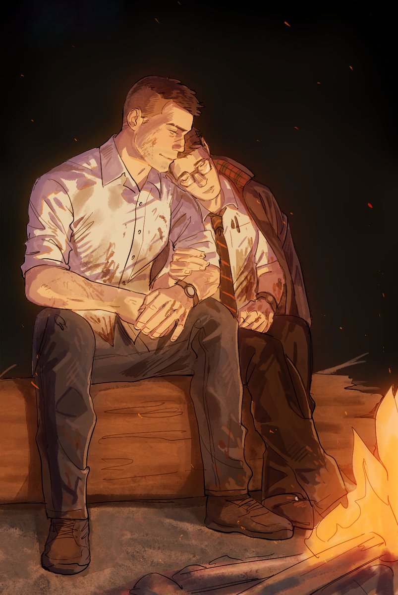 PillsStealer's tweet photo. After a rough trial, it's nice to relax at the campfire. Staying warm and cozy makes you forget the troubling times in the entity's realm. 🔥
Thank you @RedlandArt 🧡

#Kingfield #KingfieldsSixthAnniversary
#DavidKing #DwightFairfield #DeadbyDaylight https://t.co/w3w0uhyjit