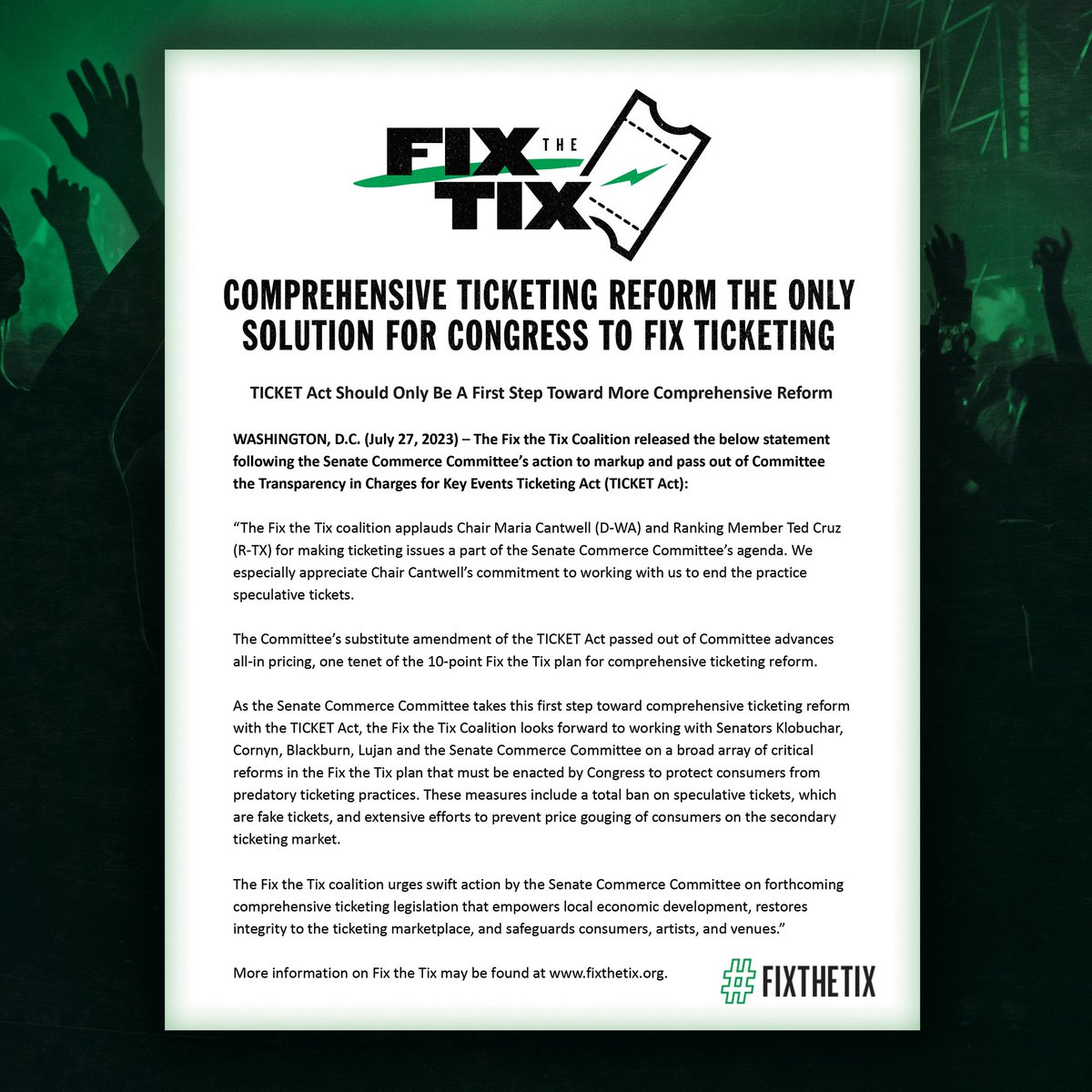 Today, the #FixTheTix Coalition released a statement following the Senate Commerce Committee’s action to markup and pass out of Committee the Transparency in Charges for Key Events Ticketing Act (TICKET Act).