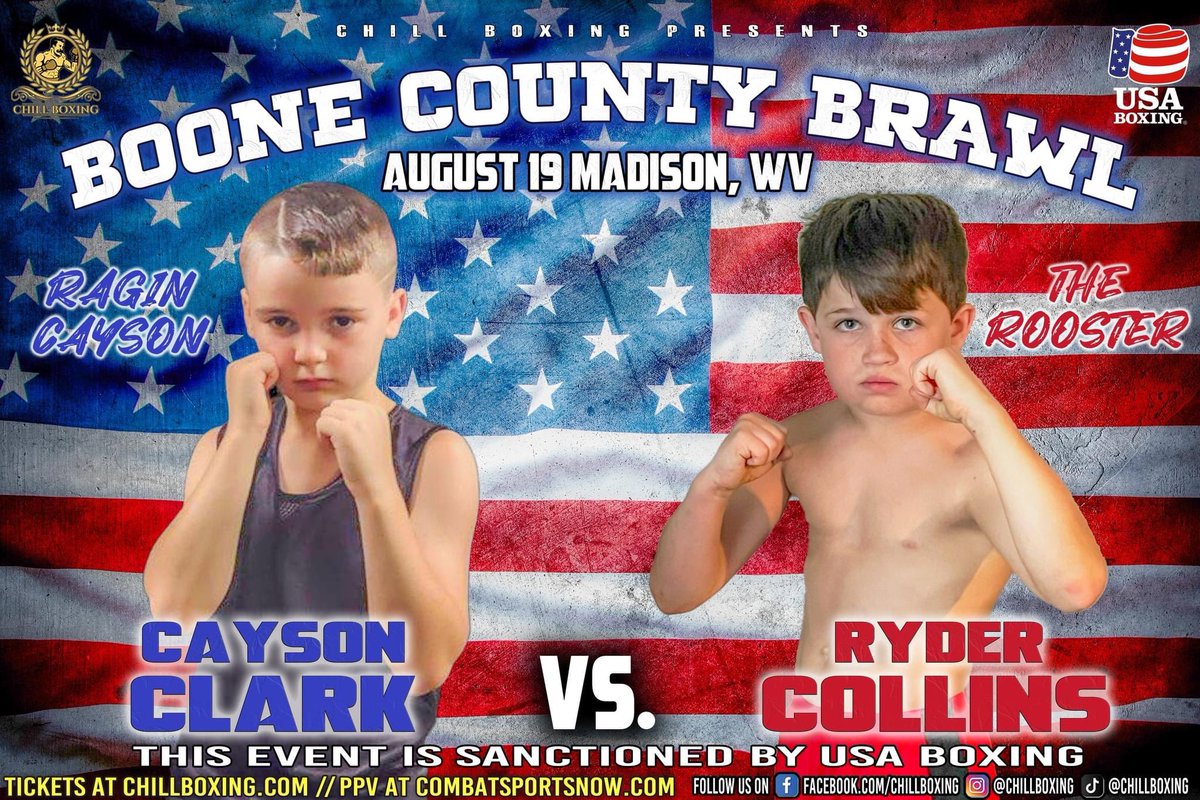 Chill_Boxing's tweet photo. *** BREAKING NEWS*** Fight announcement for The Boone County Brawl: "Ragin" Cayson Clark vs. Ryder "The Rooster" Collins. Both boys are 9 years old an will be fighting at a 62lb max weight. https://t.co/4etjveXNwz