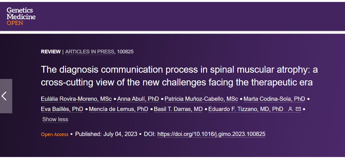 GIMJournal's tweet photo. Recent advances in #SMA therapy and the detection of #presymptomatic patients requires a multi-disciplinary approach for communicating results #geneticcounseling #psychologicalimpact https://t.co/mfT2j79gtw #GIMOpen. https://t.co/dUGJPfFILY
