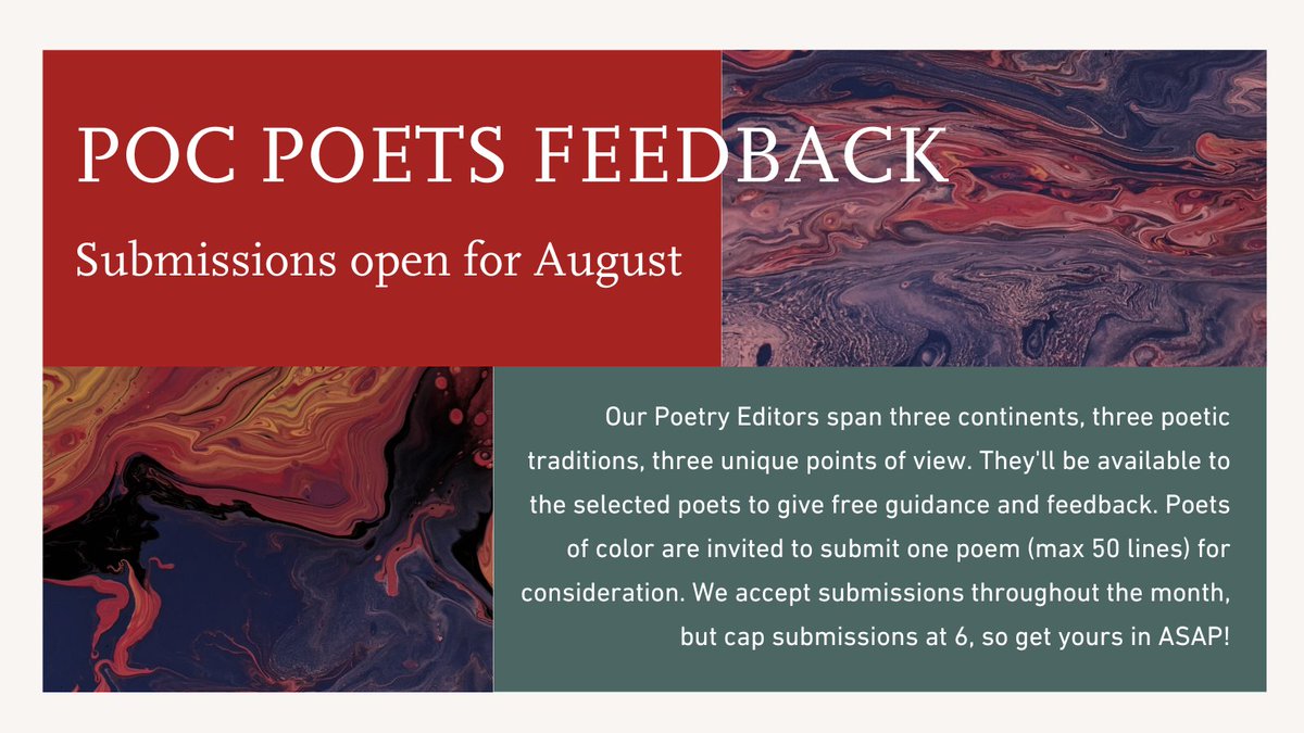 ZoeticPress's tweet photo. Submit your poetry today for a chance to get free feedback and guidance from our fantastic poetry editors!
Open to POC poets only. Submit via Submittable: https://t.co/xaSd4L58bd.
#writersofcolor #poetsofcolor #writingcommunity https://t.co/b9BILNC5uB