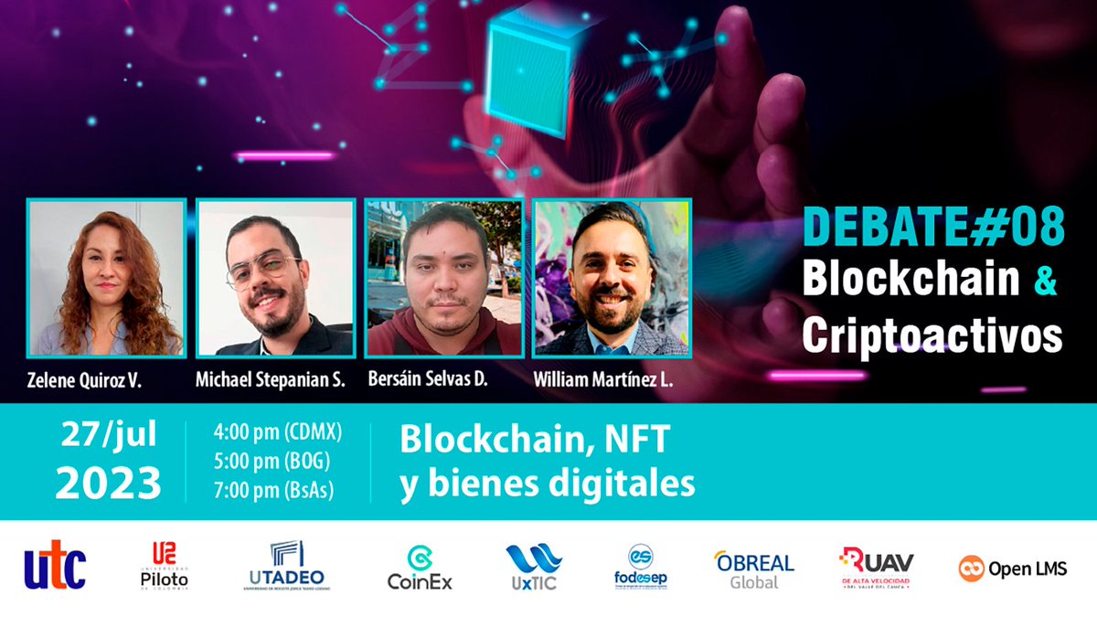¡Hola, en 45 minutos iniciamos el debate #8 del curso sobre Blockchain, NFT y bienes digitales!

🔌Enlace por Zoom: us06web.zoom.us/meeting/regist… 

#Blockchain #Criptomonedas #NFT #BienesDigitales #Mexico #Argentina #Panama #Colombia #CoinEx