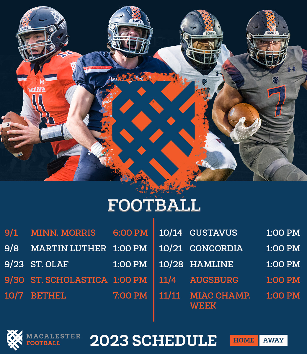 Here's the 2023 schedule for <a href="/MacalesterFB/">Macalester Football</a> which begins the season on Sept. 2 at home against Minnesota Morris. The Scots are looking to build on last year-s squad that won its final three games. Go Scots! #GoScots #heymac Story: athletics.macalester.edu/news/2023/7/27…