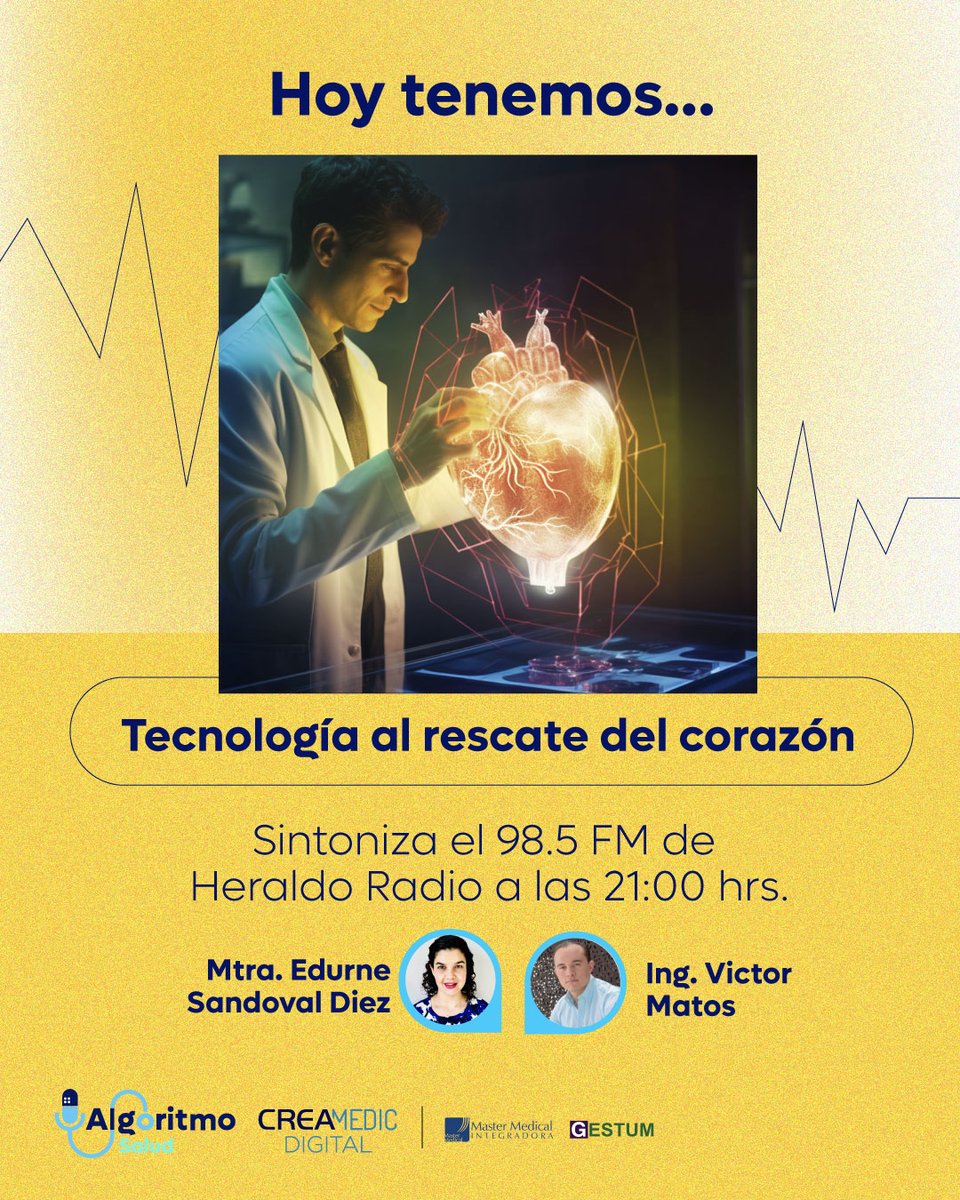 AlgoritmoSalud's tweet photo. Te invitamos a sintonizar el programa de hoy donde se hablará de cómo las últimas innovaciones en tecnología pueden salvar vidas.

¡No te lo pierdas!
En el 98.5 FM de Heraldo Radio a las 21:00 hrs.

#AlgoritmoSalud #Corazón
#EnfermedadesCardiovasculares #tecnología https://t.co/Myi3IjrMTv