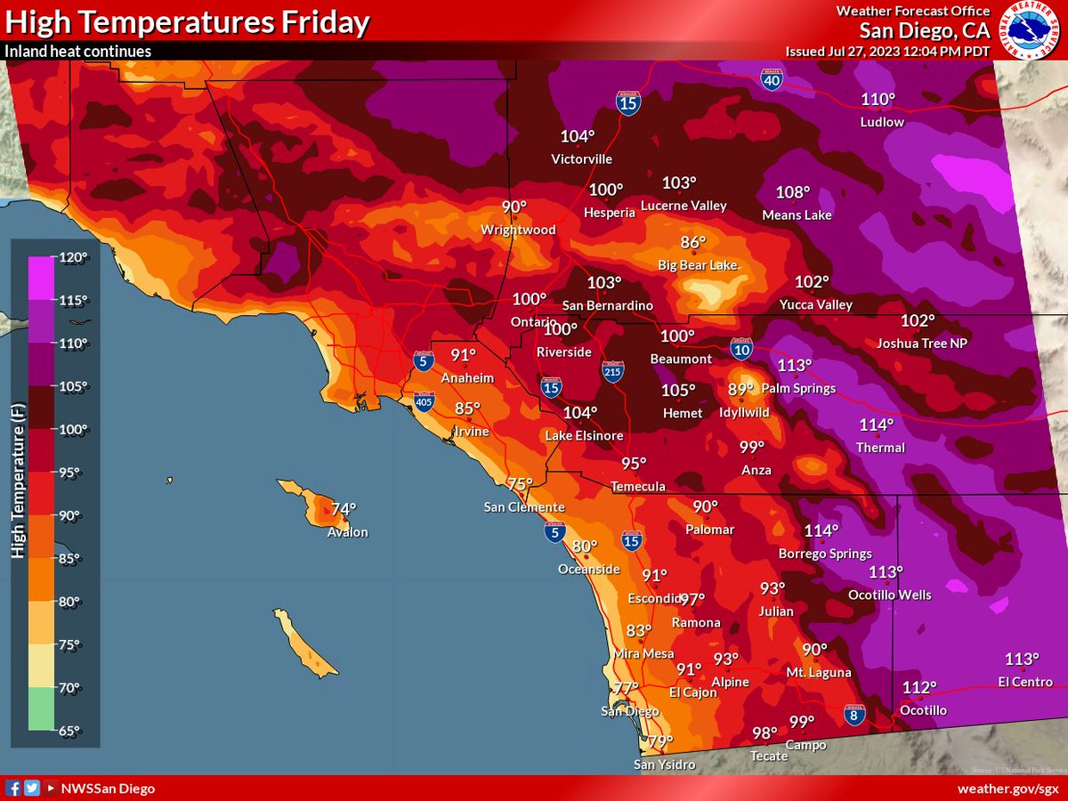 NWSSanDiego's tweet photo. It'll be another hot couple of days for inland areas, with Excessive Heat Warnings and Heat Advisories now going through Saturday. 

Good news though! Gradual cooling begins Sunday, with the most significant cooling occurring on Monday. #cawx https://t.co/BW43e4i4Lw