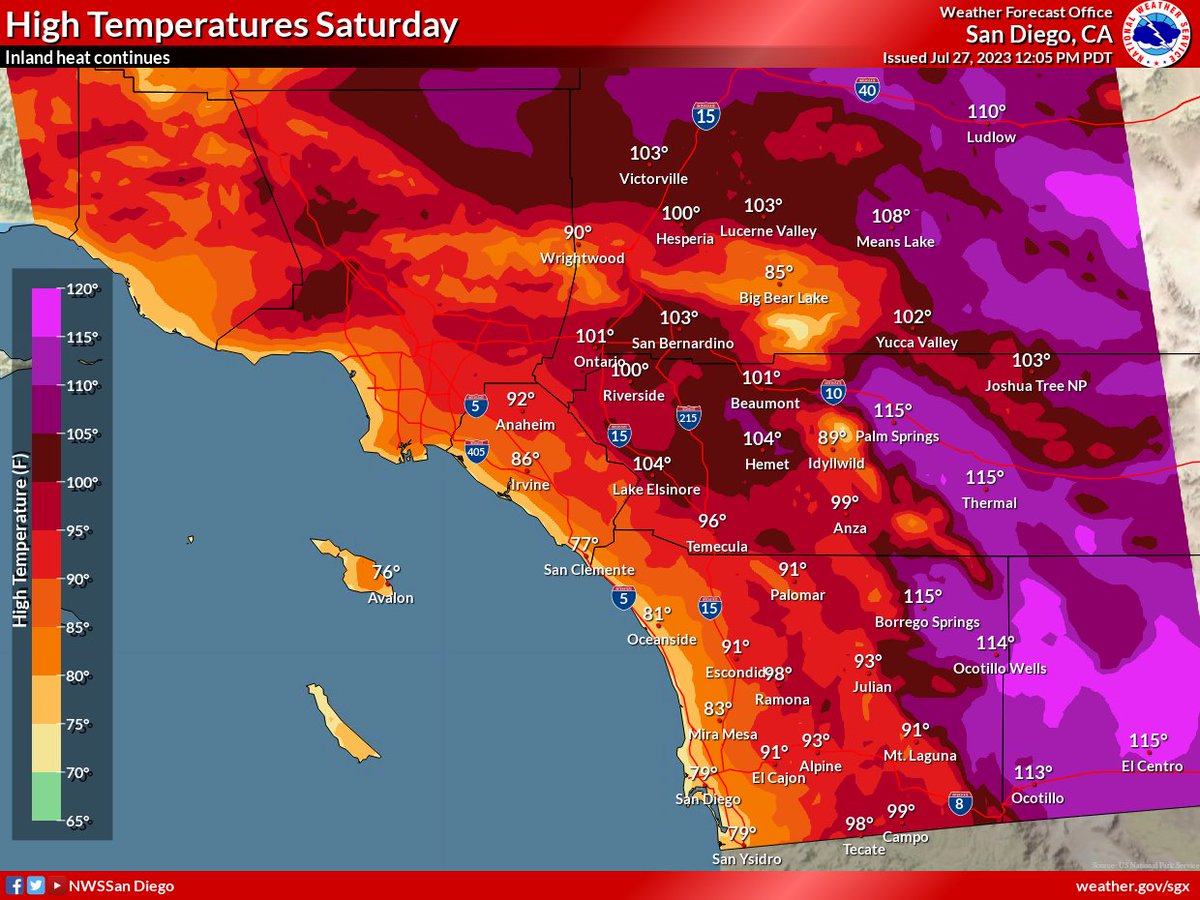 It'll be another hot couple of days for inland areas, with Excessive Heat Warnings and Heat Advisories now going through Saturday. 

Good news though! Gradual cooling begins Sunday, with the most significant cooling occurring on Monday. #cawx