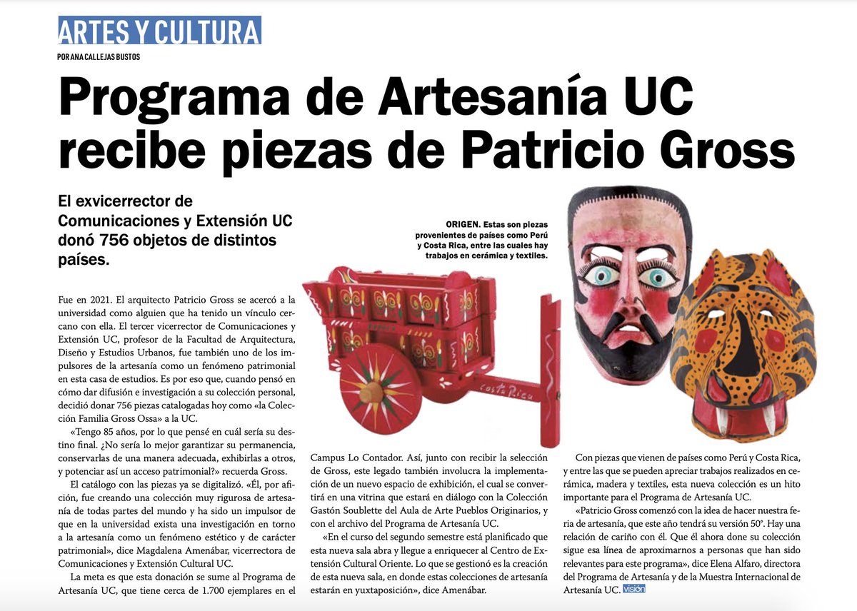 #CulturaEnLaUC Más de 700 objetos de diferentes países fueron donados a <a href="/ArtesaniaUC/">Artesanía UC</a> por Patricio Gross🥳. Garantizar su permanencia y potenciar el acceso patrimonial fueron los motivantes de la donación de piezas en cerámica, madera y textiles🏺: rb.gy/ogo41