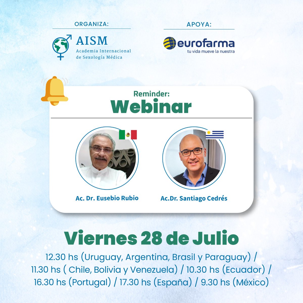 AcademiaAism's tweet photo. Este viernes 28 de julio tendremos el próximo webinar de la Academia Internacional de Sexología Médica, junto al Ac Dr Santiago Cedrés 🇺🇾 y al Ac. Dr. Eusebio Rubio 🇲🇽. 
🧵 https://t.co/L03KTj83Rm