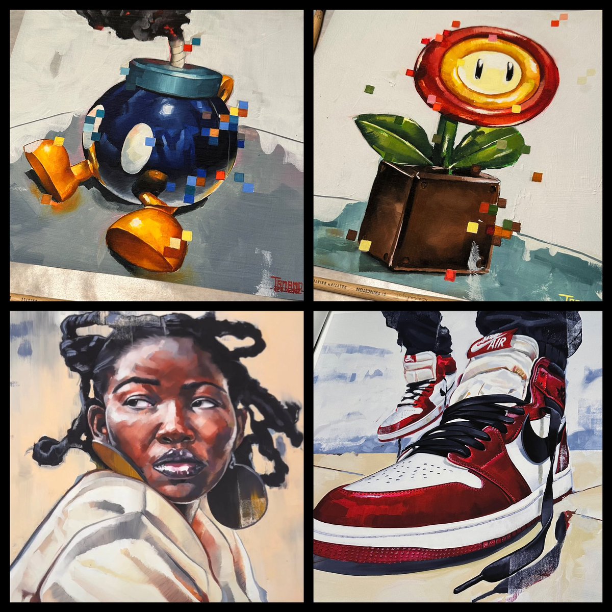 TananeWhitfield's tweet photo. I have giclee prints of these 4 paintings for sale on my site. Give it look if you have the time. Retweet if you’re a homie. 

https://t.co/aLsCZQDVdE

#art #artforsale #contemporaryArt #snkrs #mariobros #gamer https://t.co/QP6y1mFYwD