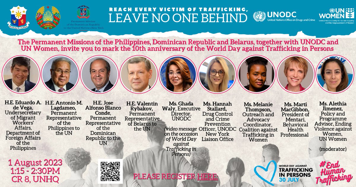 TODAY 1.15pm ET ⏳ Tune in to an event for the 10th anniversary of World Day against Trafficking in Persons with @PHMissionNY @RDenONU @BelarusUNNY @UNODC @UN_Women. Hear Member States, experts & survivors discuss how to prevent & #EndHumanTrafficking 📺bit.ly/43zSrnE