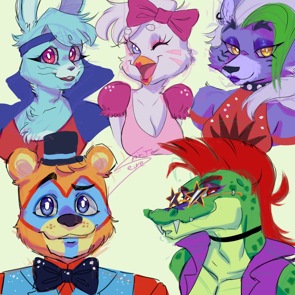 ShiritoEwe's tweet photo. ahora están los cinco! 

#fnaffanart #fnafsecuritybreach https://t.co/uYaCdKvnZs