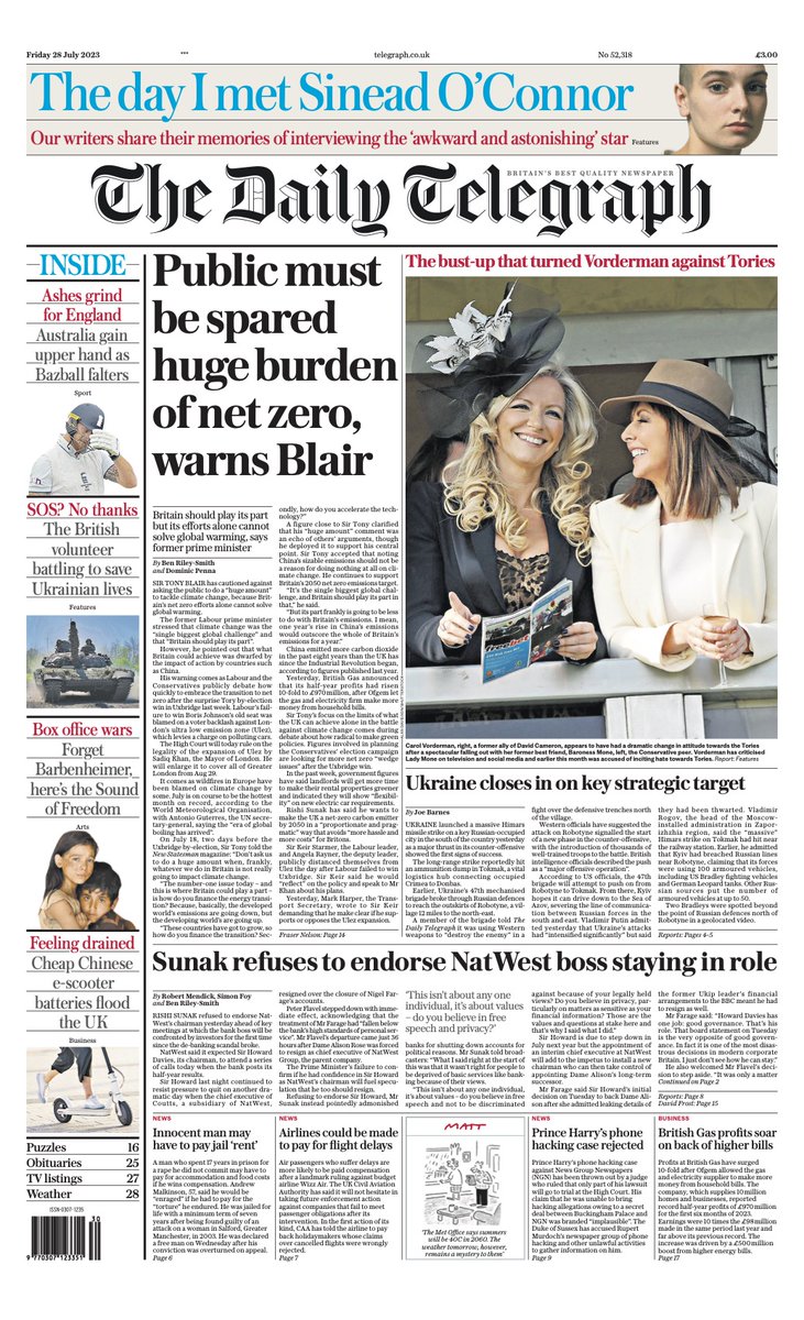 Telegraph's tweet photo. The front page of tomorrow's Daily Telegraph:
Public must be spared huge burden of net zero, warns Blair
#TomorrowsPapersToday
Sign up for the Front Page newsletter
https://t.co/9jKgVsPFPt