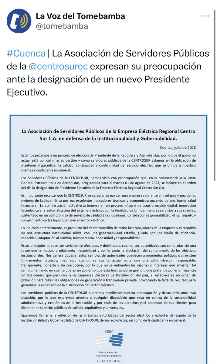 acastropiedra's tweet photo. Acá nos encontrarán unidos si se atreven a tomar una decisión tan precipitada y abusiva como la que están alertando los servidores públicos de la @centrosurec, mucho cuidado señores, acá no dejamos a medias las fiscalizaciones, advertidos están. #ConAzuayNoSeMetan https://t.co/xsvDBoqnah