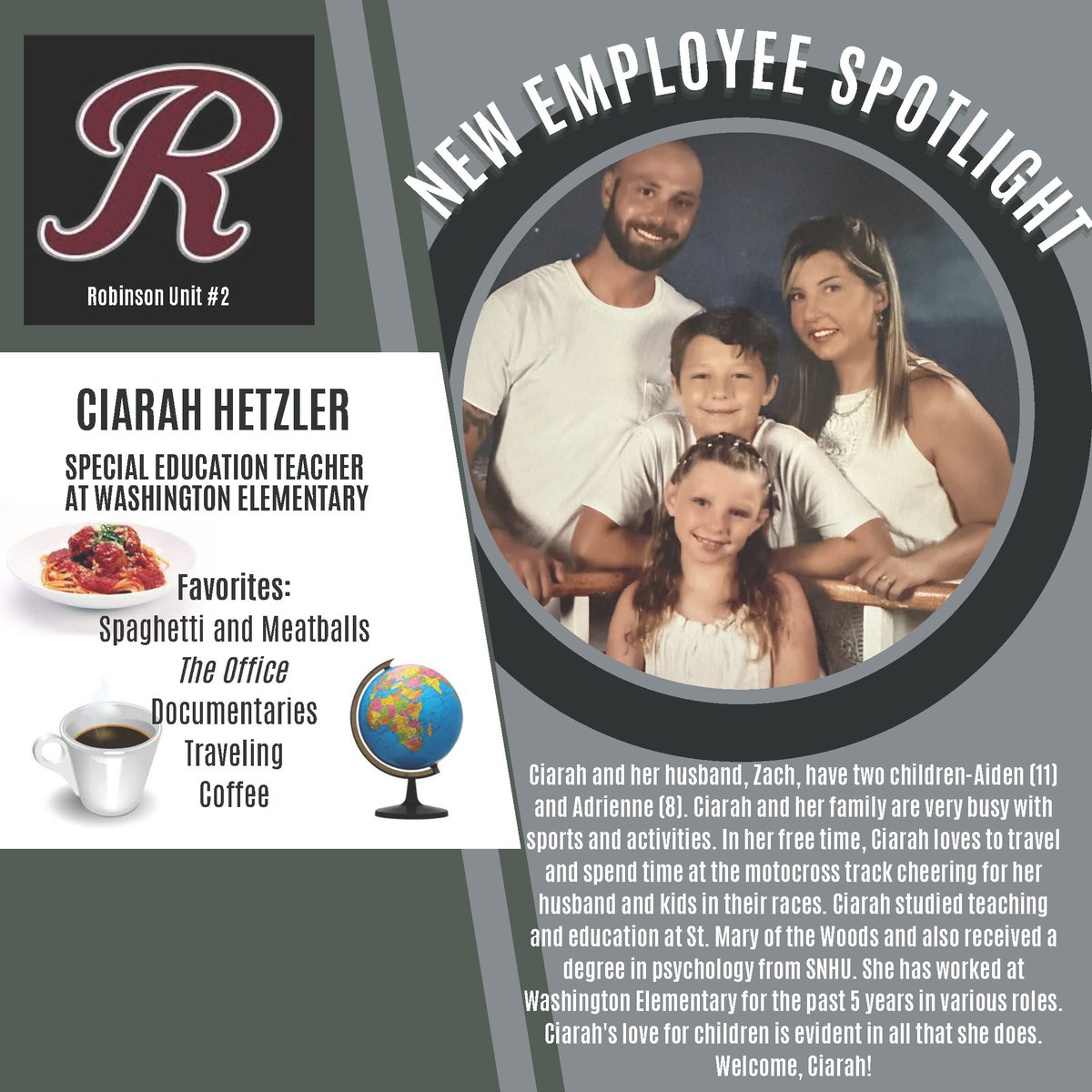 Robinson CUSD#2 welcomes Ciarah Hetzler to her new role as a Special Education Teacher at Washington Elementary School!