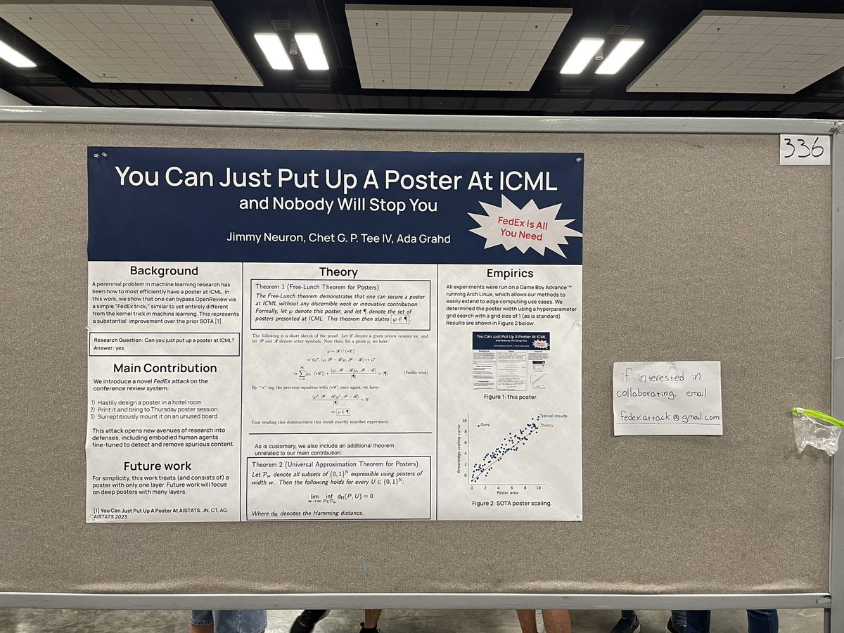 omgroth's tweet image. Shout out to J. Neuron, C. G. P. Tee IV and A. Grahd for this important contribution to the novel line of research on “adversarial attacks on ML conferences” at #ICML2023! Would appreciate a link to the arxiv paper to check out the experimental details. 😉