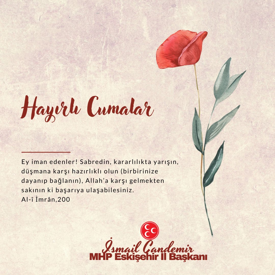 Hayırlı, huzurlu Cumalar dilerim.
Bâki selam ve muhabbetle kıymetli hemşehrilerim.

İsmail CANDEMİR
MHP Eskişehir İl Başkanı