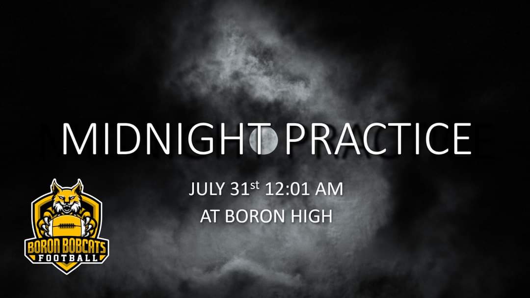 BoronFootball's tweet photo. The tradition continues! Midnight practice begins July 31st at 12:01am. This is our first practice in full gear. Please have your player at the field by Sunday Night July 30th by 11:30pm. 
Practice will end by 2:00am. The entire community is welcome to come out and watch. https://t.co/YgqePNaY0Q