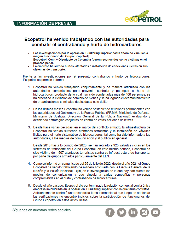 ECOPETROL_SA's tweet photo. #Atención | Ecopetrol ha venido trabajando con las autoridades para combatir el contrabando y hurto de hidrocarburos. Las investigaciones por la operación ‘Bunkering Imperio’ hasta ahora no vinculan a ningún funcionario del Grupo Ecopetrol. Aquí más información https://t.co/6M3NNGdy10
