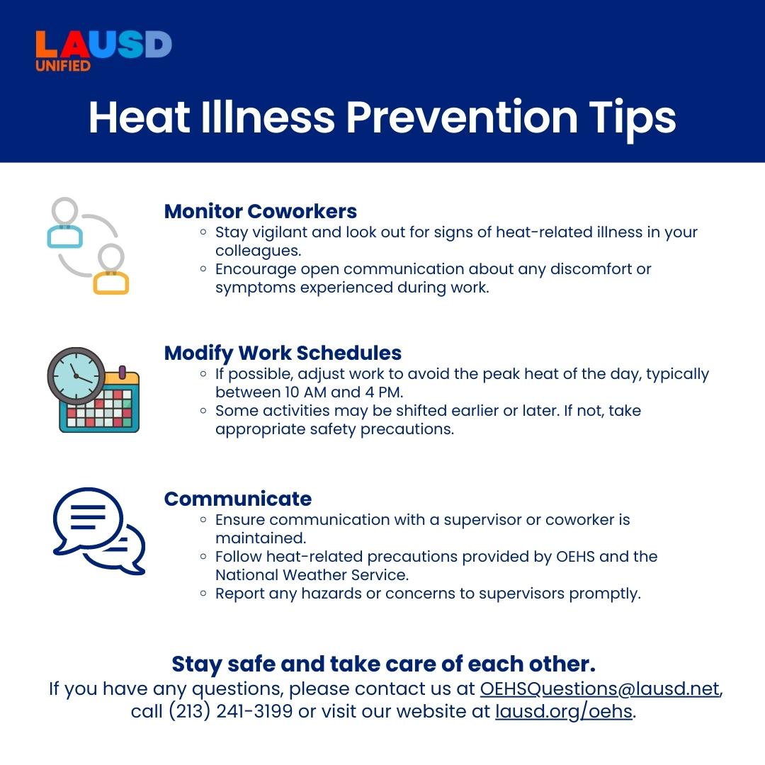LASchools's tweet photo. As summer temperatures rise, keeping safe from the effects of heat illness is crucial, especially for those working outdoors. It is essential to take proactive measures to protect ourselves and our coworkers. Here are some guidelines to ensure a safe work environment. https://t.co/oAqnmMTuAh