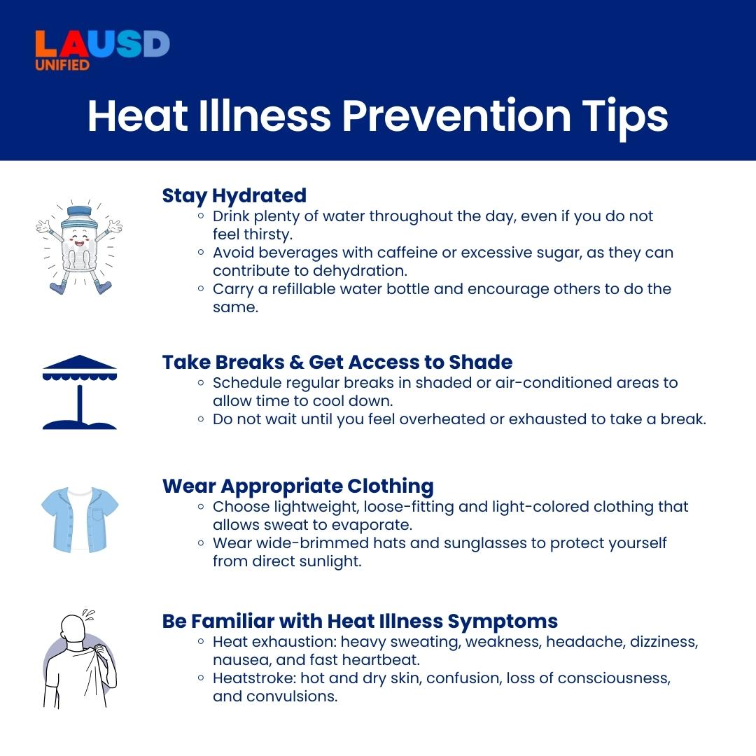 LASchools's tweet photo. As summer temperatures rise, keeping safe from the effects of heat illness is crucial, especially for those working outdoors. It is essential to take proactive measures to protect ourselves and our coworkers. Here are some guidelines to ensure a safe work environment. https://t.co/oAqnmMTuAh