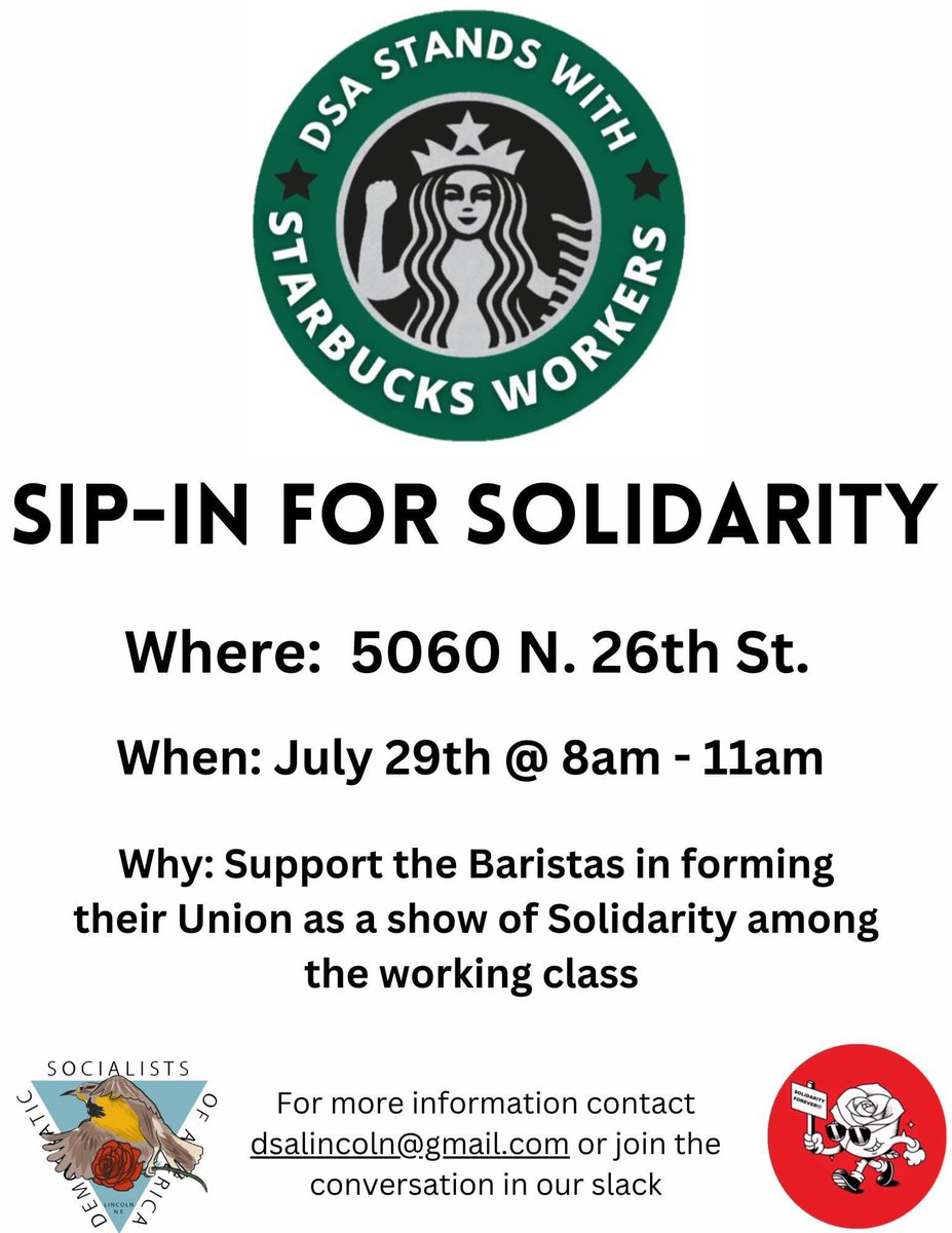 DSALincolnNE's tweet photo. Come join us in support of workers who organized their union to fight for a just work environment, better pay, and reasonable scheduling! 

Sign up for details and let us know you can attend! https://t.co/cGOsqK2YME https://t.co/ZBF9topXF7