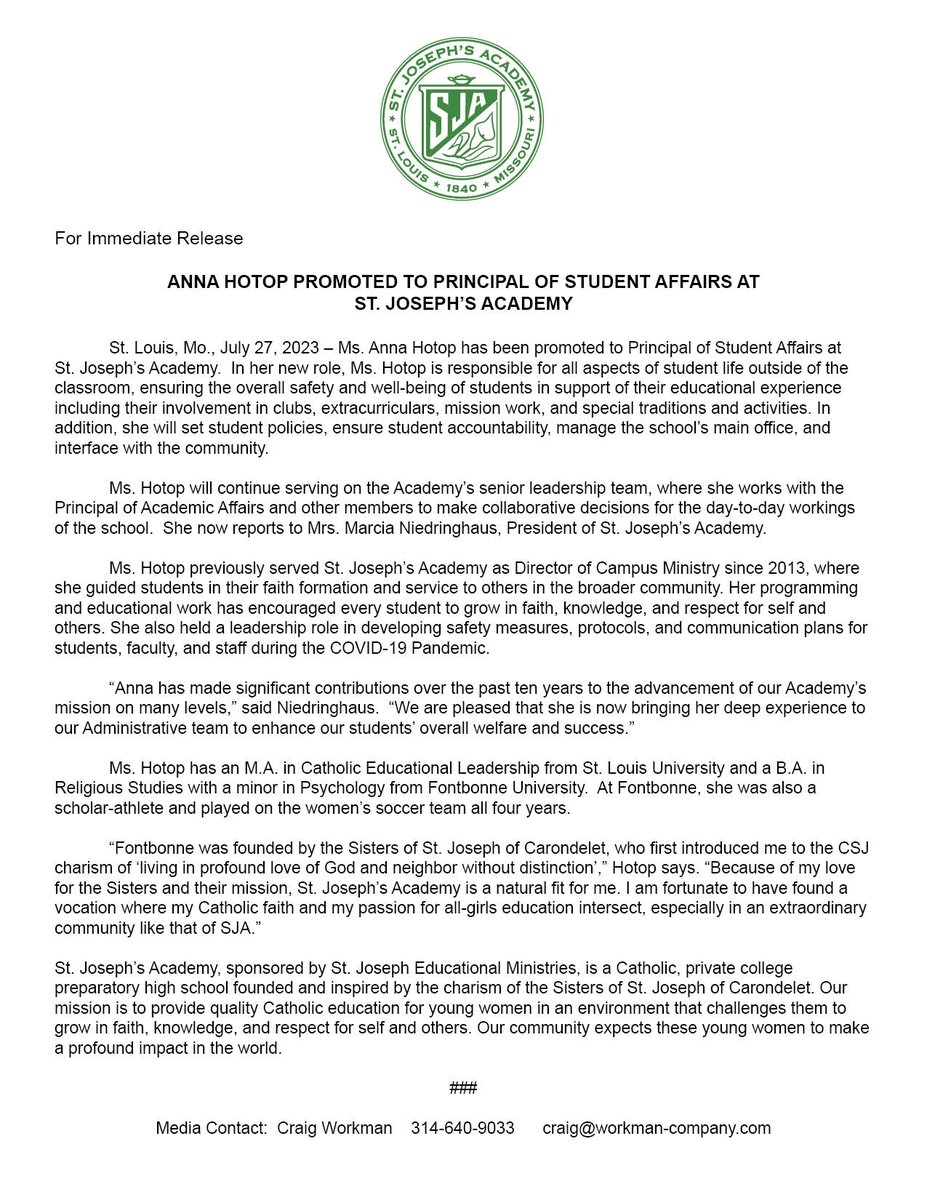 StJoeAngels's tweet photo. We are excited that the start of the school year is right around the corner. We are also excited for Ms. Anna Hotop to be stepping into her new role as the Principal of Student Affairs at St. Joseph's Academy. 
#NotIButWe #StrongValuesStrongWomen #principal #studentaffairs https://t.co/rO7cV7rMNQ