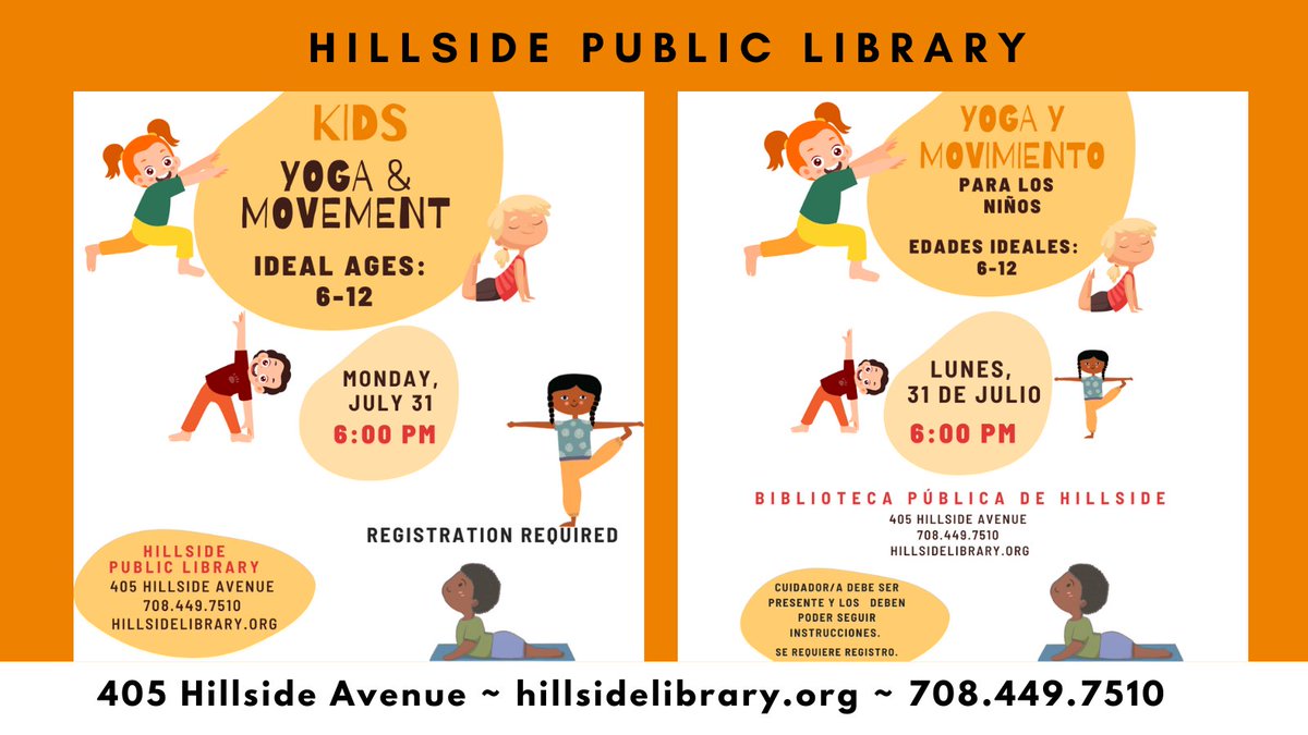 HillsidePublic's tweet photo. Get the kiddos movin' (and tired) this Monday, July 31, at our 1st Kids ONLY Yoga and Movement session.  Class starts at 6:00 pm and registration is required. #kidsyoga  #kidsyogaclass #kidsmovement https://t.co/dbCypuntYB