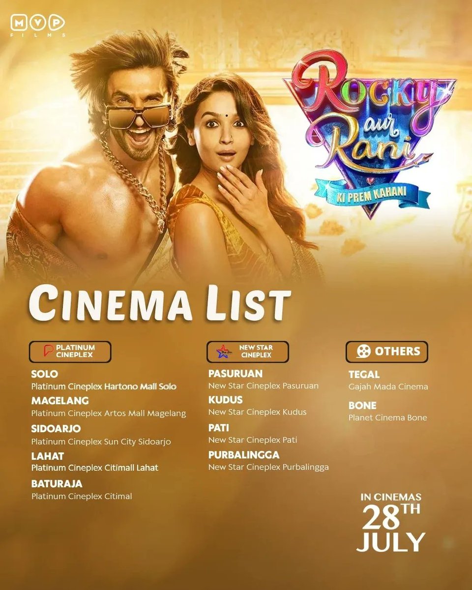 MCC_ID_'s tweet photo. Cinemalist film ROCKY AUR RANI KII PREM KAHAANI
Cast:
Ranveer Singh, Alia Bhatt, Dharmendra, Jaya Bachchan
Director:
Karan Johar
Producer:
Karan Johar, Apoorva Mehta, Hiroo Johar
#rockyaurranikipremkahani
#MVPFilms #MVPFilmsID #MVPIndonesia https://t.co/Jm2sfQ1xAl