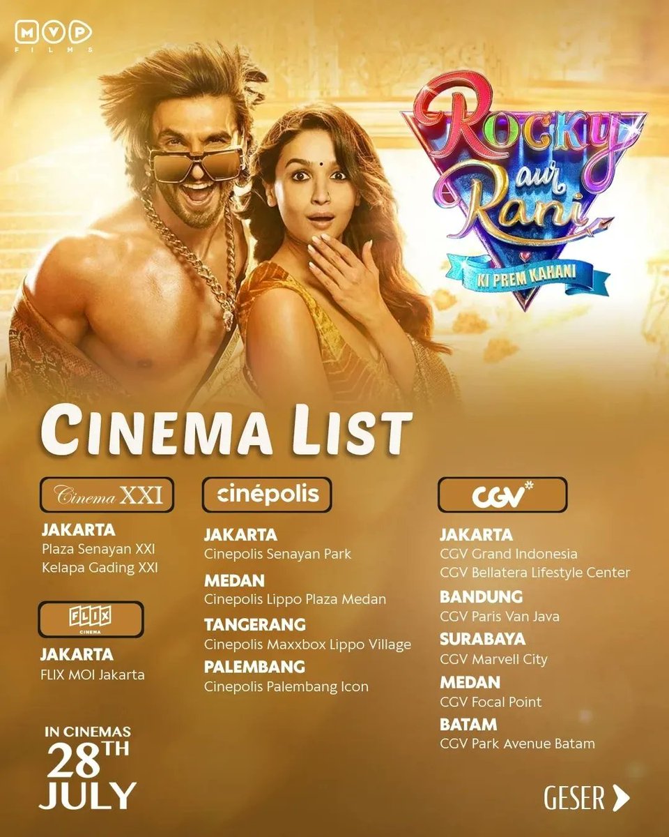 MCC_ID_'s tweet photo. Cinemalist film ROCKY AUR RANI KII PREM KAHAANI
Cast:
Ranveer Singh, Alia Bhatt, Dharmendra, Jaya Bachchan
Director:
Karan Johar
Producer:
Karan Johar, Apoorva Mehta, Hiroo Johar
#rockyaurranikipremkahani
#MVPFilms #MVPFilmsID #MVPIndonesia https://t.co/Jm2sfQ1xAl