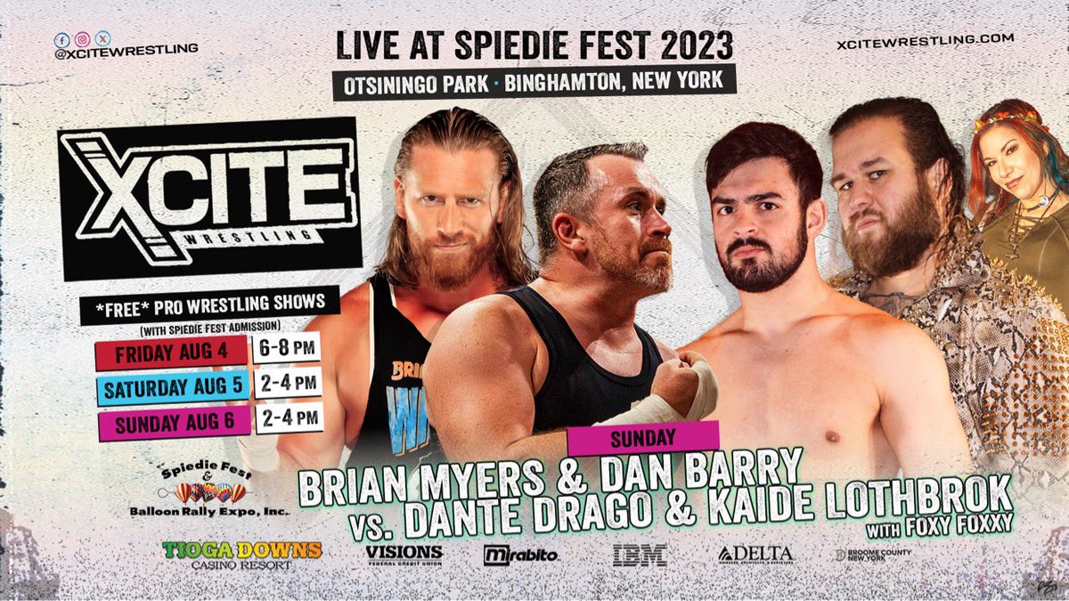 XciteWrestling's tweet photo. Three Giant, XCITING Main Events for Three Days of Spiedie Fest!
Friday August 4
@BigBillCollier vs #SeanCarr
Saturday August 5
@TheMattCardona vs @MikeSkyros
Sunday August 6
@Myers_Wrestling and @thedanbarry vs @dante_drago and #kaide
Ticket info @ https://t.co/81ggb4hySu https://t.co/hZq8aX5zu9