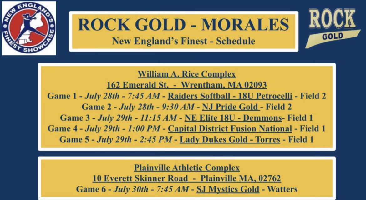 Mya Diorio (@myadiorio) on Twitter photo At New Englands Finest this weekend!! Game 1 is canceled for tomorrow because of rain but the rest is on!!
<a href="/middsoftball/">Middlebury Softball</a> @CoachCarla_AU <a href="/StaceyMayer_/">Coach Stacey Mayer</a> <a href="/CoachAli_SCSB/">Coach Ali Maloof</a> <a href="/kimberlyns19/">Kimberly Stiles</a> <a href="/LeMoyneSoftball/">Le Moyne Softball</a> <a href="/UNewHavenSB/">New Haven Softball</a> <a href="/Pace_Softball/">Pace Softball</a> <a href="/MolloySoftball/">MolloySoftball</a> At New Englands Finest this weekend!! Game 1 is canceled for tomorrow because of rain but the rest is on!!
<a href="/middsoftball/">Middlebury Softball</a> @CoachCarla_AU <a href="/StaceyMayer_/">Coach Stacey Mayer</a> <a href="/CoachAli_SCSB/">Coach Ali Maloof</a> <a href="/kimberlyns19/">Kimberly Stiles</a> <a href="/LeMoyneSoftball/">Le Moyne Softball</a> <a href="/UNewHavenSB/">New Haven Softball</a> <a href="/Pace_Softball/">Pace Softball</a> <a href="/MolloySoftball/">MolloySoftball</a>