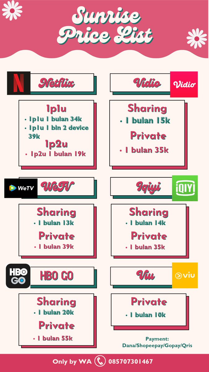 seonaapark's tweet photo. @savoeur Yuhuuuuu aku jual Netflix iqiyi wetv vidio viu Hobo go niihh yang mau bisa cepet bisa langsung chat ya (⁠✷⁠‿⁠✷⁠)

---HARGA MURMER----

💯 full garansi
💯 Langsung proses
💯 order by WA fastresp
💯 Trusted

💌https://t.co/Q3f7RP5103 https://t.co/422MKYatj4