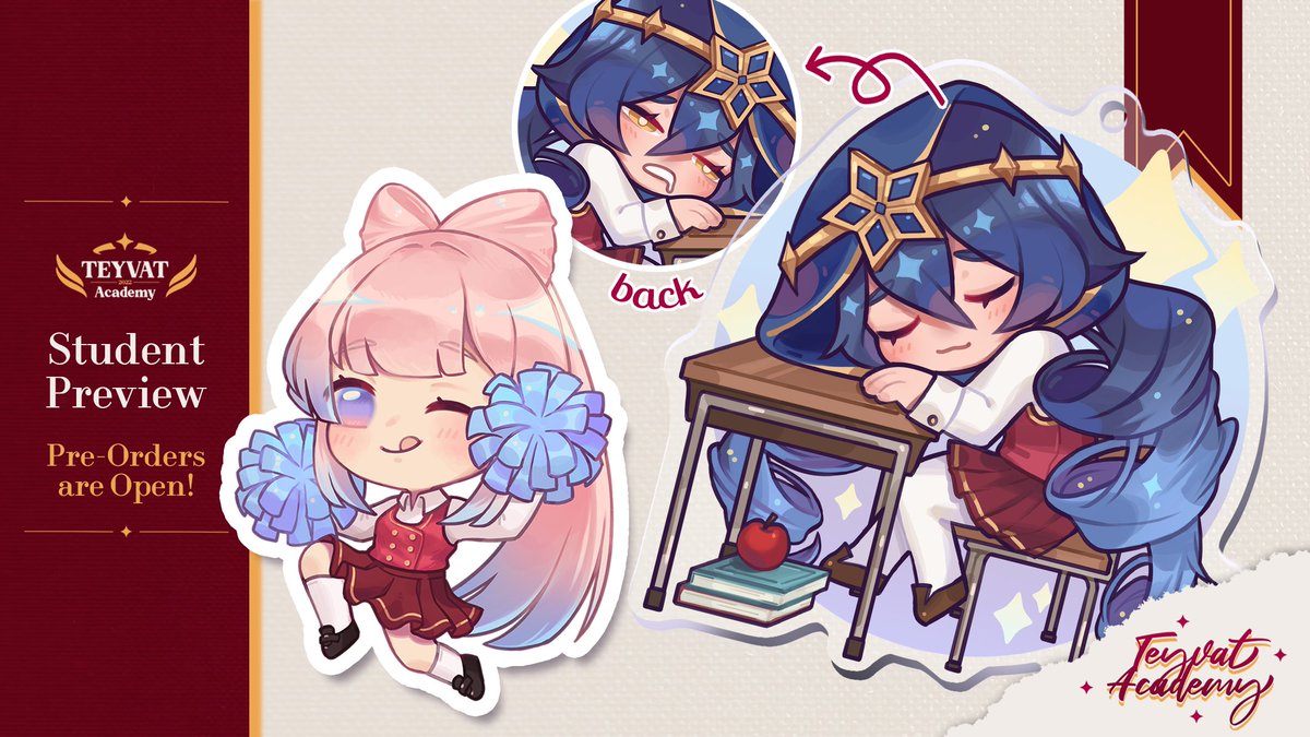 Students Kokomi and Layla reporting in! Some merch peices I did for the <a href="/teyvatacad/">Teyvat Academy 💫 PROJECT COMPLETED</a> zine, pre-orders are already open :)

🛒teyvatacad.bigcartel.com