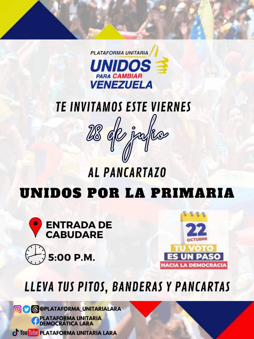 #UnidosParaCambiarVenezuela este #Jueves #28jul están invitados a participar en el pancartazo #UnidosPorLaPrimaria a las 5:00pm en la entrada de #Cabudare #Lara #Venezuela #Unidad #UnidadyVoto